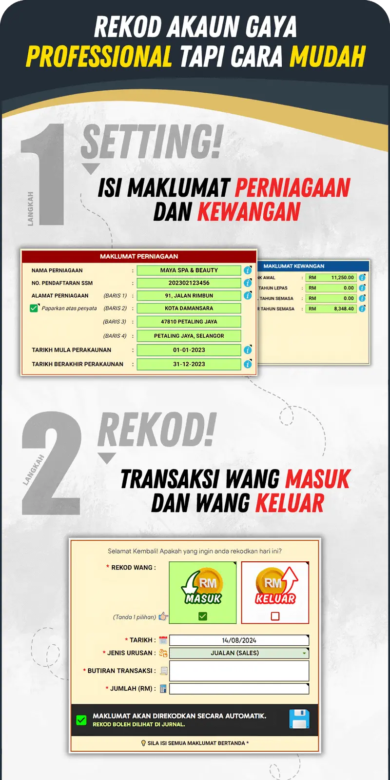 Go Akaun sangat simple, hanya rekod transaksi duit keluar masuk sahaja.