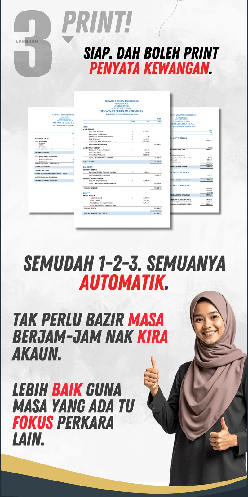 Sistem akan kira untung rugi automatik. Boleh generate penyata kewangan bulanan atau tahunan.